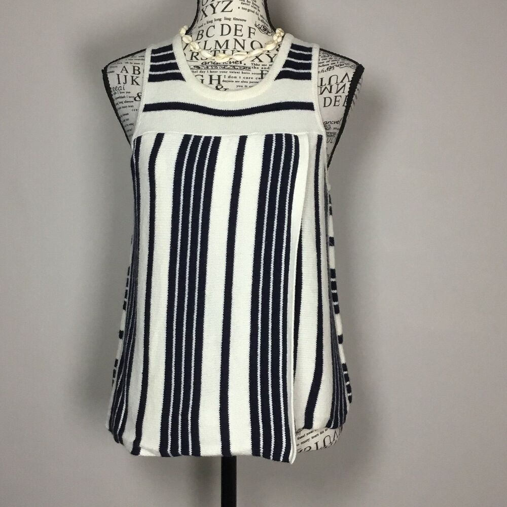 Blue white knit tank top striped coastal grandma square neck vacation preppy S